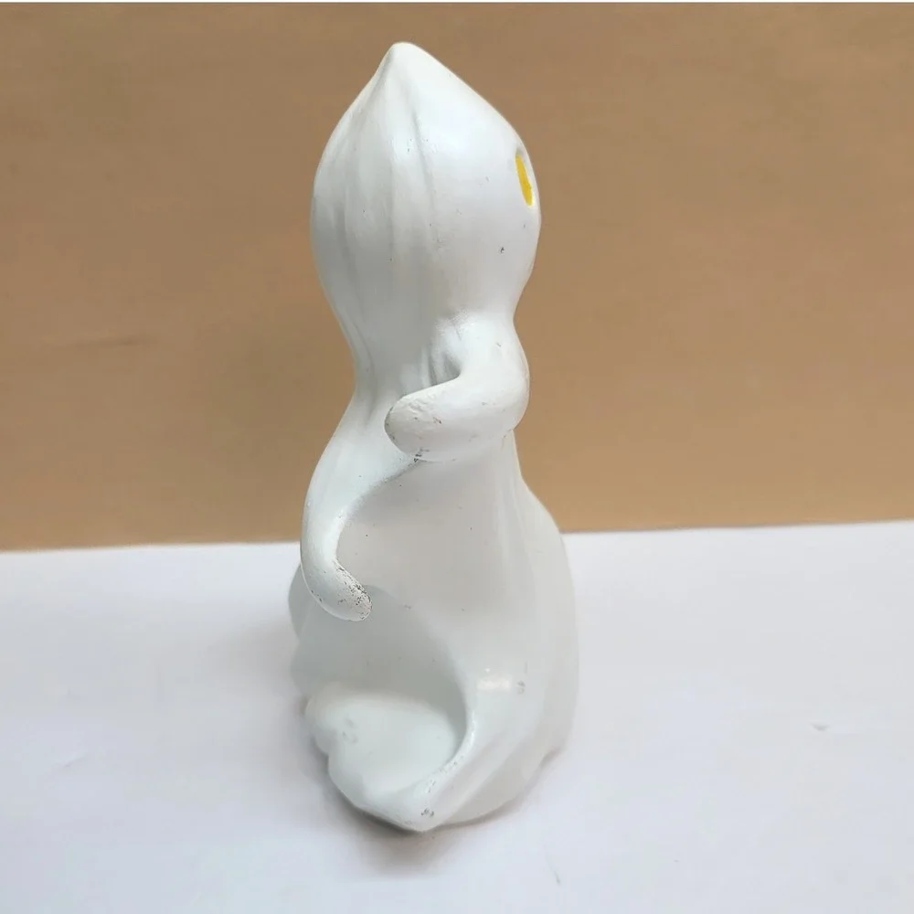 Vtg Ceramic Ghost Taper Candle Holder Halloween Decor White Yellow Eyes 6.25